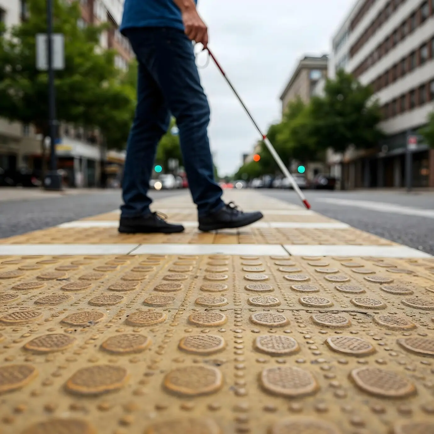 A person with a visual impairment walking on tactile paving.